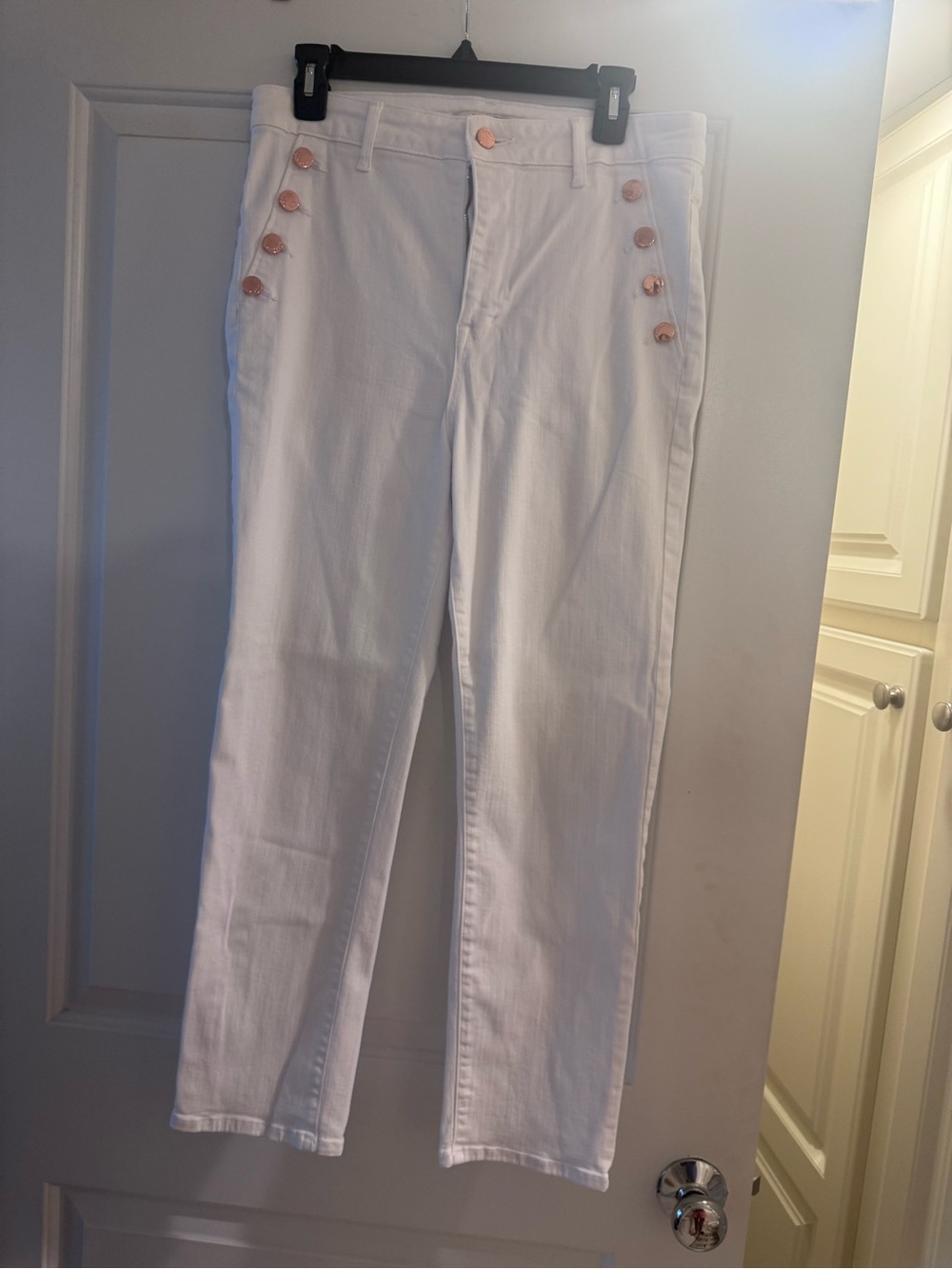 Fidelity Denim Cher White High-Rise Sailor-Style Jeans with Rose Gold Buttons 32